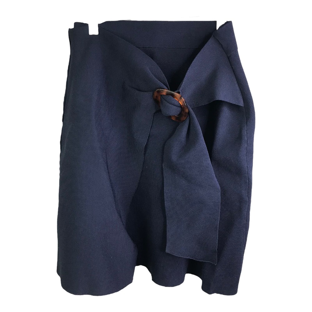 Sandro Paris Women's Skirt A-Line‎ Navy Blue Knit Tortoise Belted Marine Sz L